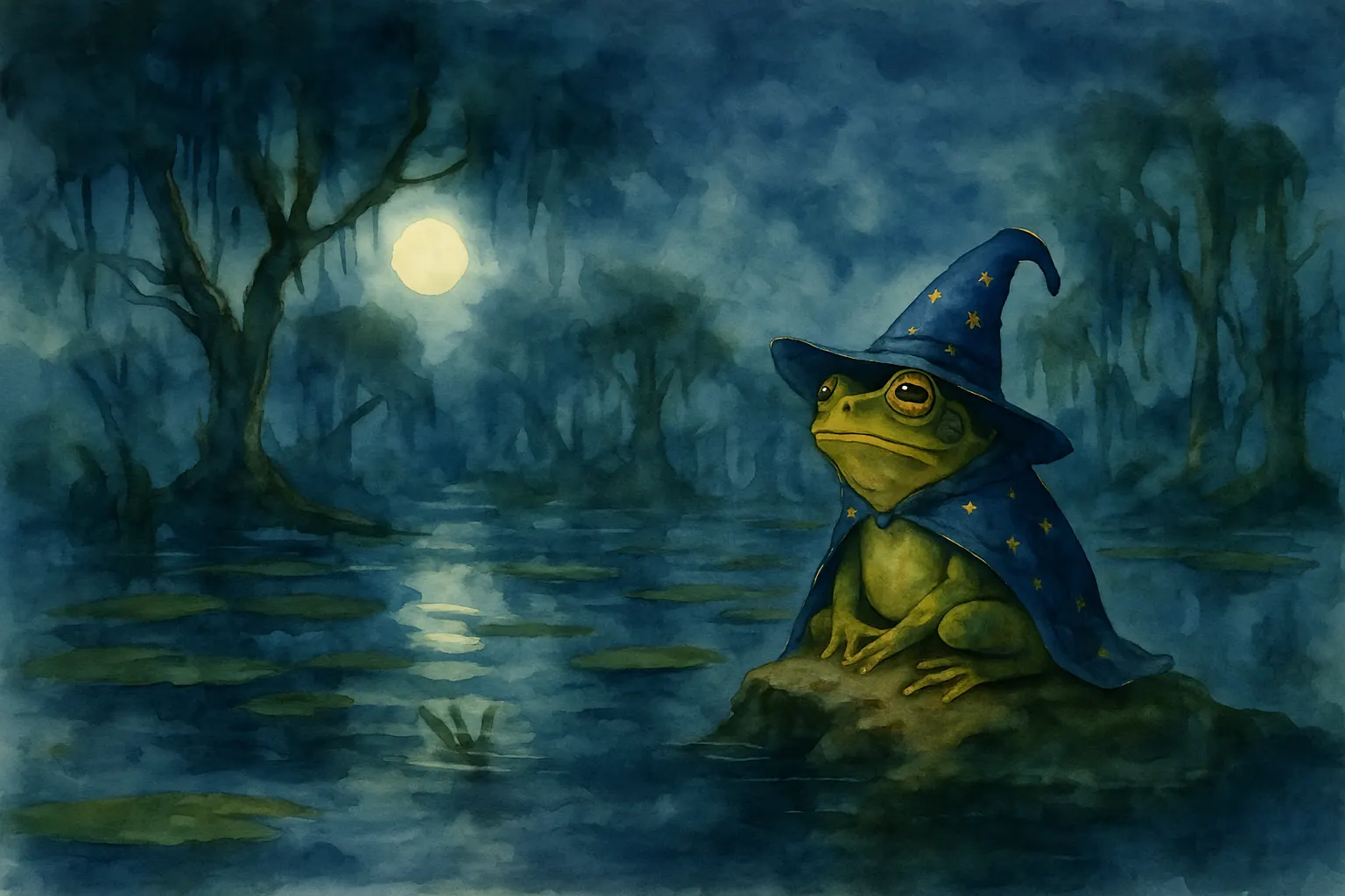 Watercolor of a frog wizard on a mossy rock in a moonlit swamp
