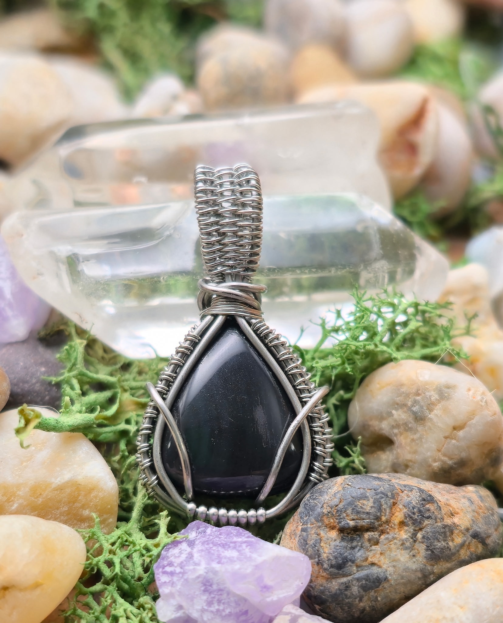 Stainless Wire Wrapped Pendant Obsidian