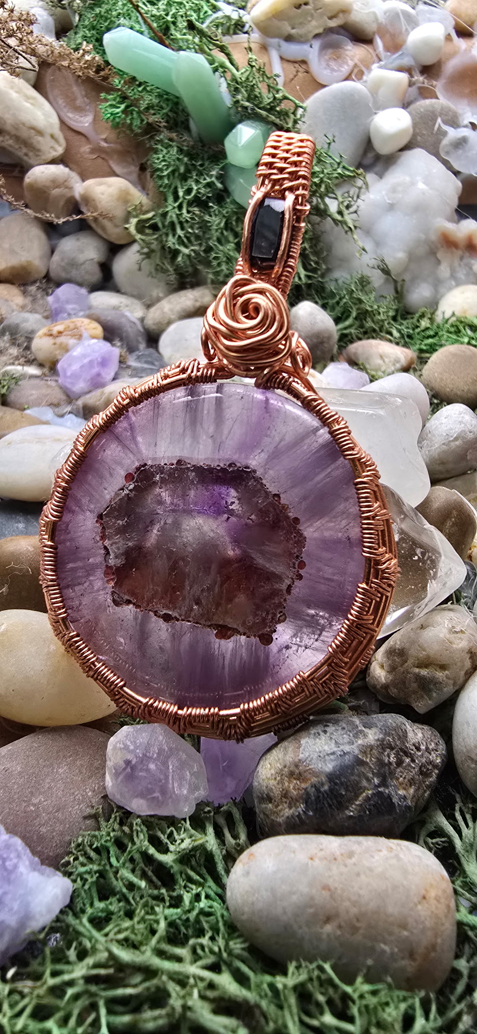 Copper Wire Wrapped Pendant Amethyst & Black Spinel