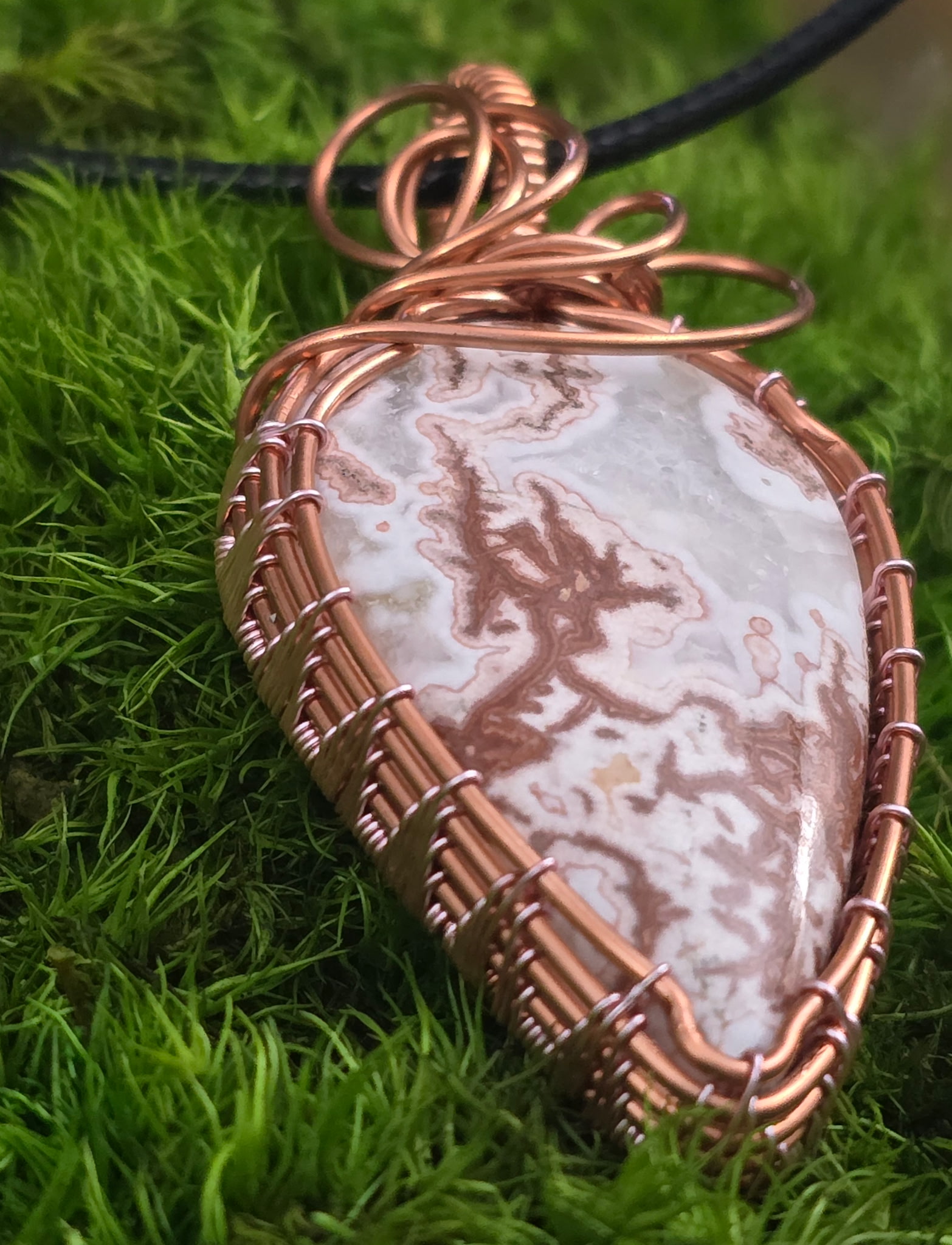 Copper Wire Wrapped Pendant Cazy Lace with Pink Copper Details