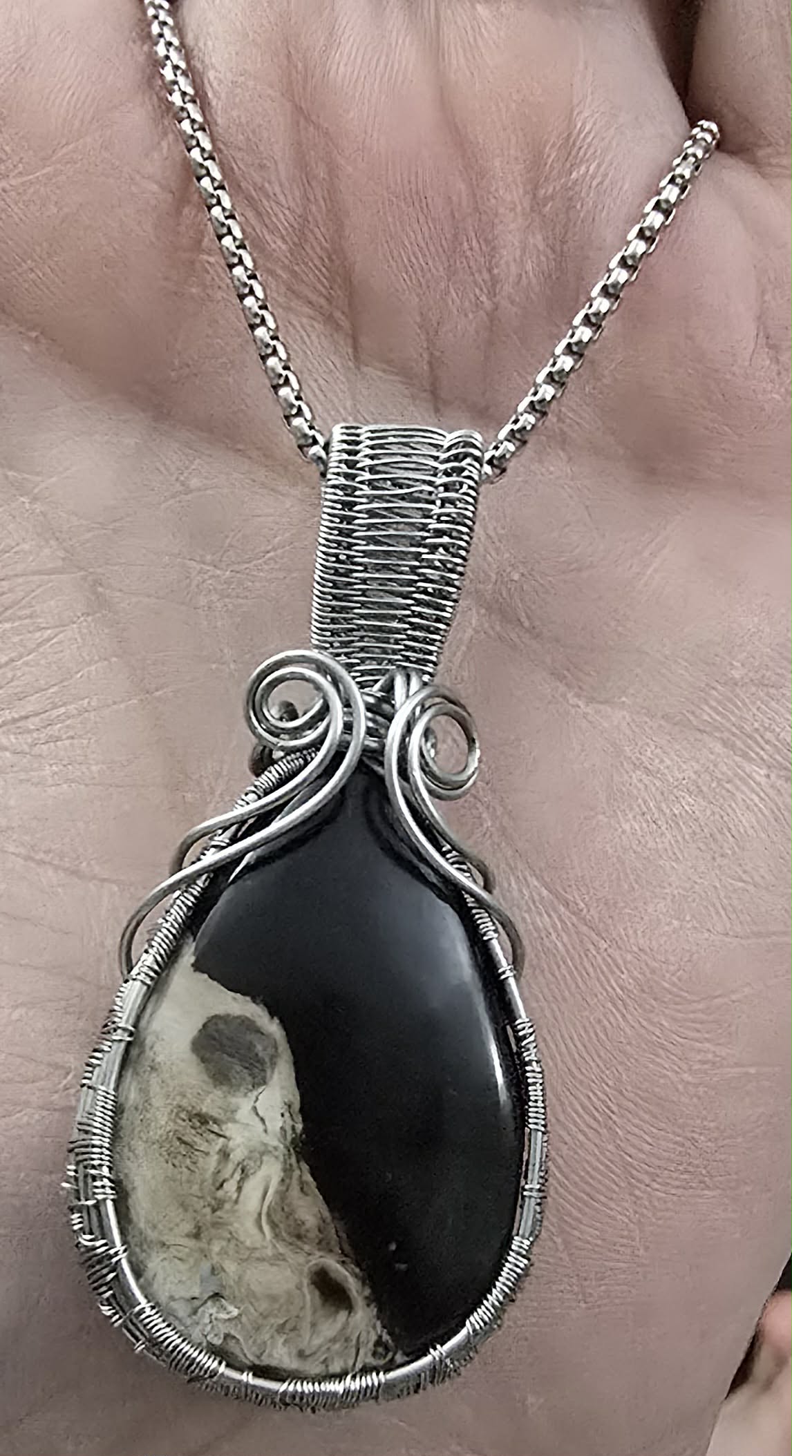 Stainless Wire Wrapped Pendant Black Agate