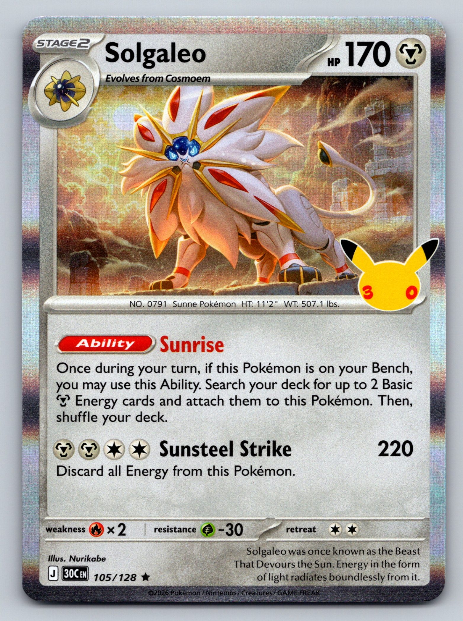 Solgaleo 105/128 Holo Rare ME: 30th Celebration Pokemon Card - NM